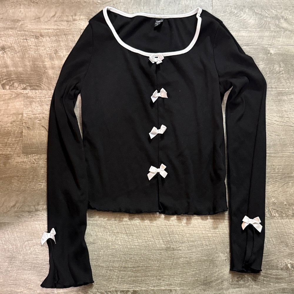 SHEIN Black Blouse with White Bow Details